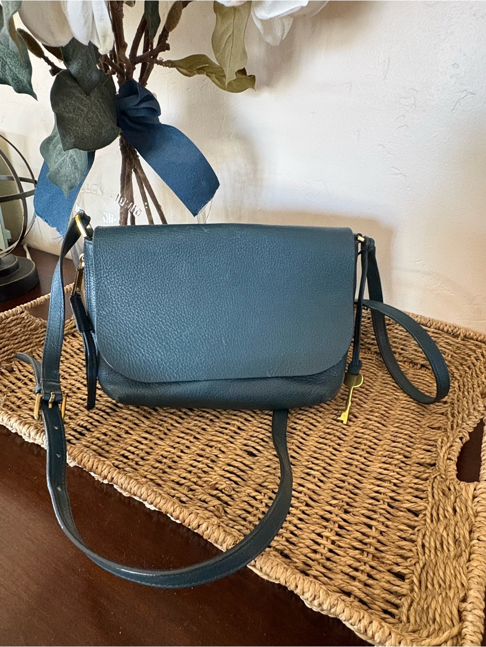 Fossil Leather Crossbody Bag in Teal Blue